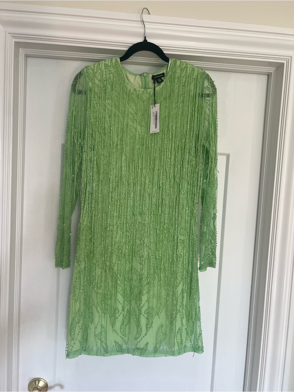 Karen Millen Lime Green Beaded Fringe Long Sleeve Dress